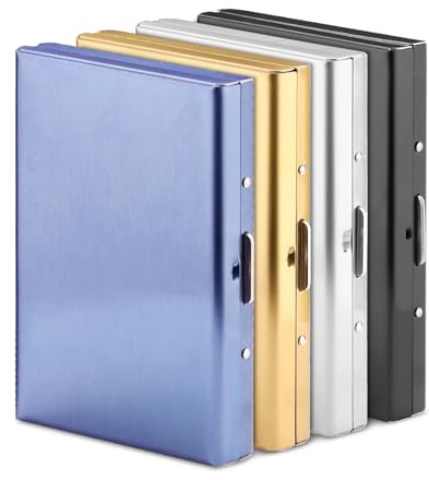 Modixun Lot de 4 porte-cartes de crédit avec blocage RFID, en acier inoxydable, 6 emplacements rigides en métal pour homme et femme, Noir + argent + bleu + or, 9.5x6.5x1.3cm, Couleur unie