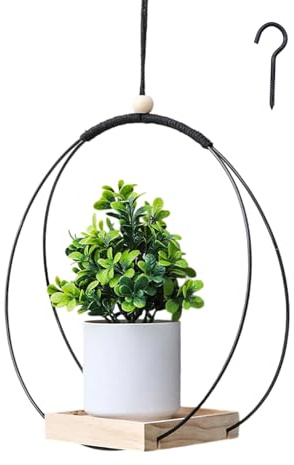 Diyxisk Pot de Fleur Suspendu 30cm Bague en Métal Suspension Plante Intérieure Simplicité Suspension Plante Exterieur, avec Base en Bois, pour Balcon Plafond Fenêtre Jardin Balcon (Noir)