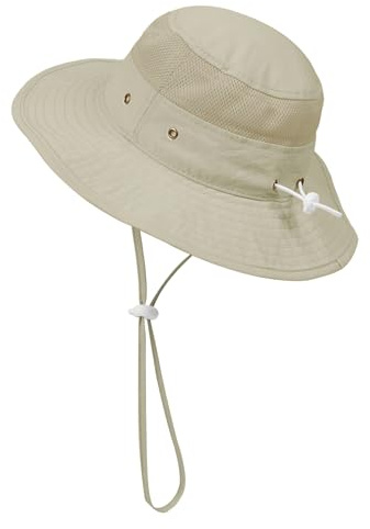 YAMEIZE Baby Kids Bucket Sun Hat - Wide Brim Mesh Girls Sun Hat UPF50+ with Adjustable Strap Summer Beach Hat for 4-8 Years Beige