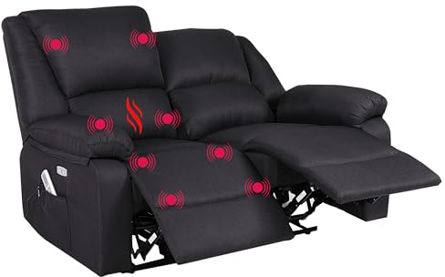ECODE® Sofa 2 Plazas de Tela con Reclinacion Electrica Independiente y Masaje - Modo Reclinable TV Independiente en Cada Lado, 8 Vibromotores, Calor Lumbar, Doble Botonera, Doble USB (Negro)