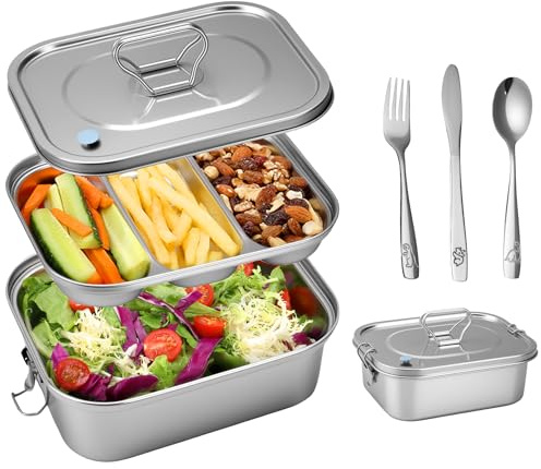 Jekasy Boîte à bento en acier inoxydable 304 anti-fuite avec 3 compartiments, 1800 ml, boîte à lunch en acier inoxydable avec poignée de valve hermétique, y compris set de couverts (fourchette