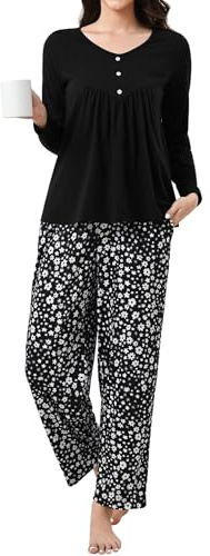 Reliwel Pijamas Mujer Largo Invierno Pijama Cómodo Conjunto Pijamas Mujer Cuello en V con Pantalón - Ropa de Estar por Casa con Estampado Floral Negro, S