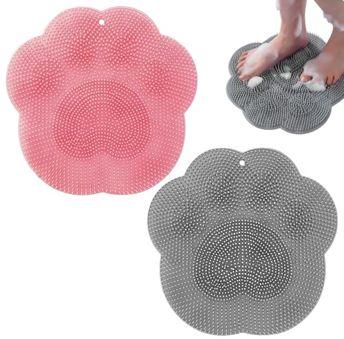 Brosse Pieds Douche,en Forme de Pattes de Chat,Foot Scrubber Douche avec Antidérapant Ventouses,Épurateur de Pieds de Douche, Nettoyage Pieds Douche pour Nettoyer et Masser les Pieds, Gris + Rose