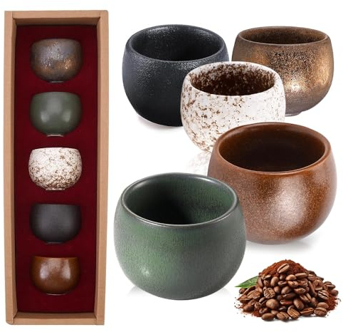 XUXLEKK Set di Tazze da Caffè Espresso, 5 Pezzi Set di Tazze da Espresso, 50ml Piccole Tazzes da Tè, Ceramica Tazzine Caffe Particolari, Tazzine Espressos Senza Manico per Espressos, Moka, Tè, Regalo
