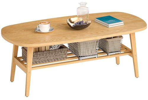 HOMCOM Mesa de Centro de 2 Niveles, Mesa Baja para Salón Moderno con Estante Abierto Inferior y Patas de Madera de Caucho, para Sala de Estar, Dormitorio, 120x60x42cm, Natural