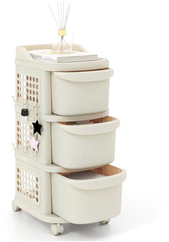 GIANTEX Rollwagen mit 3/4 Schubladen, Rollcontainer mit 6 Haken & 2 feststellbaren Rädern, mobiler Schubladenwagen für Werkzeuge, Dokumente (3 Schubladen)