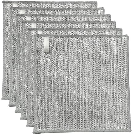 YinQin 6 Pack Triple Layer Stainless Steel Wire Cleaning Cloth for Cookware | Non-Scratch, Quick Dry, 20x20cm, Metallic Mesh, Reusable, Hanging Loop Design, Durable