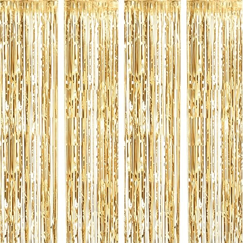 SOARFLY Lametta - Tenda con glitter dorati, 4 pezzi, 1 x 2 m, con frange metalliche, per compleanni, matrimoni, Natale, Capodanno e decorazioni per feste