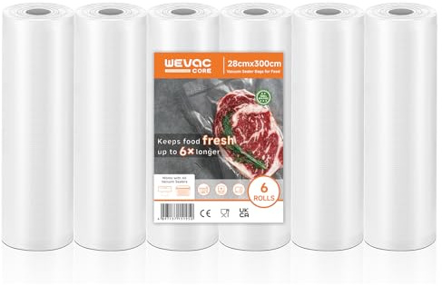 Wevac Core 6 Rollos Bolsas de Vacío 28x300cm, Pack Ahorro Gofradas | Sin BPA, Resistentes y Herméticas, Compatibles con Envasadoras al Vacío, Ideales para Conservar, Congelar y Cocinar Sous Vide