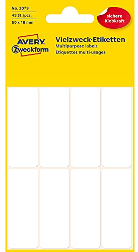 AVERY Zweckform 3079 Haushaltsetiketten selbstklebend (50x19 mm, 48 Aufkleber auf 6 Bogen, Vielzweck-Etiketten für Haushalt, Schule und Büro zum Beschriften und Kennzeichnen) blanko, weiß