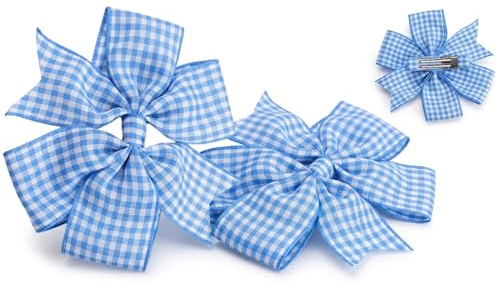 2 x Blue Bows Gingham Bow Set, Check Hair Bows with Clips, Blue Hair Clips for Girls, Ideal for Matching Summer Dress, BTS Back to School Accessories, Summer Accessories for Kids & Toddlers