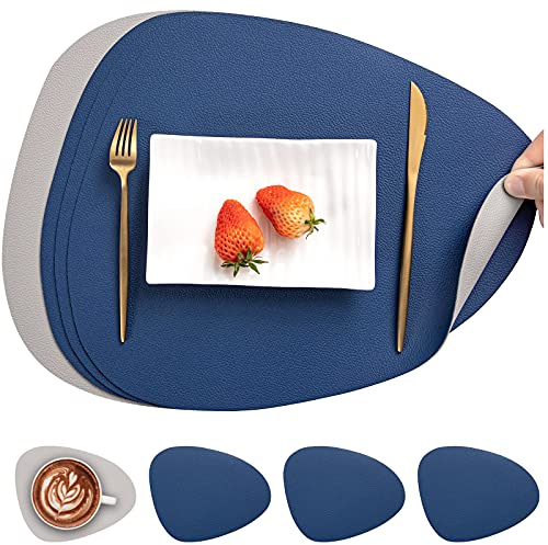 Myir JUN Tischsets Leder und Untersetzer, Tischsets Abwaschbar Rund Doppelseitigen rutschfest Platzdeckchen Leder Kunstleder Tischset Lederoptik Platzset (Hellgrau Blau, Satz von 4)