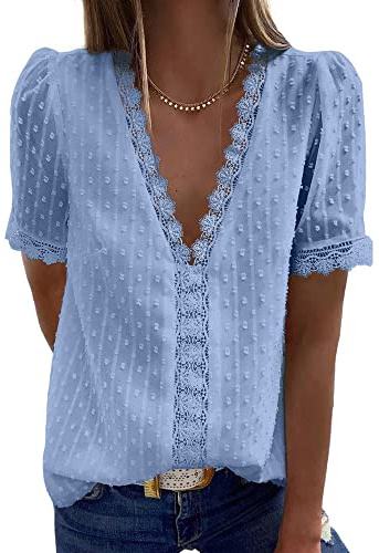 Bipily Chemisier Femme Dentelle Décontracté Col V Élégant Couleur Unie Vintage Manches Courtes Casual Dentelle Blouse(Bleu,L)