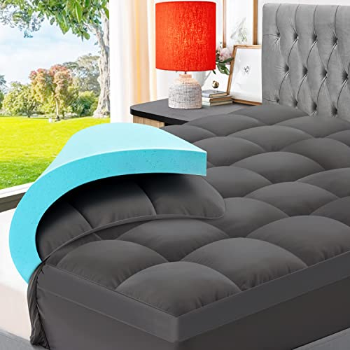 ELEMUSE Gray Memory Foam Mattress Topper with Fluffy Pillow Top Cover, Mattress Topper Double Bed for Back Pain Relief, with OEKO-TEX & CertiPUR-US (Double Size-135x190cm)