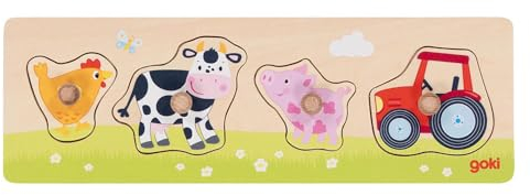 goki 57355 - Steckpuzzle Auf dem Land - 4 robuste Teile aus Holz - perfekt als erstes Puzzle