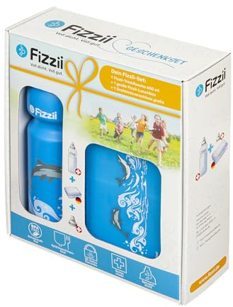 Fizzii Geschenkset Pausenset Delfin (Trinkflasche 600ml + Lunchbox + Ersatztrinkverschluss, im hochwertigen Geschenkkarton)