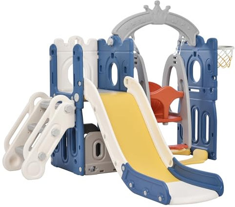 Nine point nine Toddler Slide, Kids Slide and Swing Set, Baby Freestanding Slides, Child's Garden Slides Play Set, Indoor Outdoor Kid Play Equipment Playground Activity Center (Tower-Blue Yellow)