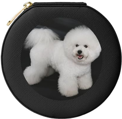 YXDVPALNE Bichon Frise Chiens Blancs Animaux Chiens Bichon Frise, Boîte à bijoux pour femme Boîte à bijoux ronde en cuir PVC Organisateur de voyage