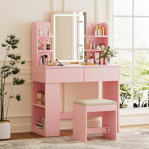 TRIUMPHKEY Toeletta da Trucco con luce LED, Tavolo da Toilette con Specchio e Sgabello,Postazione Trucco,Luminosità Regolabile,2 cassetti, Arredamento Moderno per la Camera da Let (Rosa)