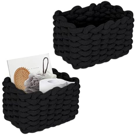 Aufbewahrungskorb, 2 Stück Geflochten Baumwolle Strickkorb, 19x15x12cm Aufbewahrungskorb Geflochten, Baumwollseil Geflochten, Für Schlafzimmer, Wohnzimmer Aufbewahrungsboxen(Schwarz)