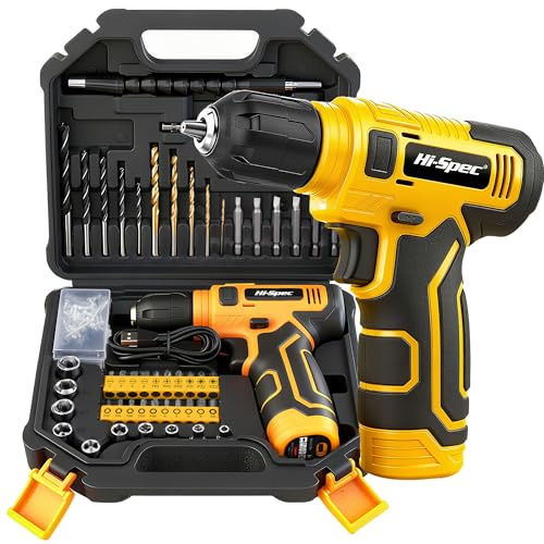 Hi-Spec 8V Yellow Electric Cordless Power Drill Driver, Power Screwdriver Bits, Wood, Metal, and Masonry Drill Bit Set Accessories.