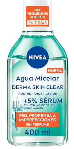 NIVEA Derma Skin Clear - Agua Micelar +5% Sérum - Gel Limpiador Facial - Anti-imperfecciones - Con PHA, Ácido Salicílico y Niacinamida - Elimina Filtros SPF - Piel Propensa a Imperfecciones - 400 ml