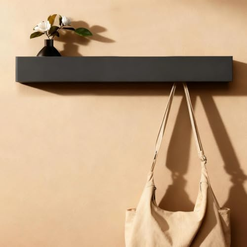 WJUAN 60cm Wandgarderobe mit Ablage, Moderne Garderobenleiste mit 7 Verdeckten Kleiderhaken, Schwarz Garderobe Wand für Flur, Schlafzimmer & Wohnzimmer, Jackenhalter Wand