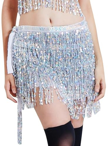KHASCBNF Franskjol dam glänsande paljetter tofsar karneval rave performance magdans kostym höft halsduk plånbok kjol (silver)