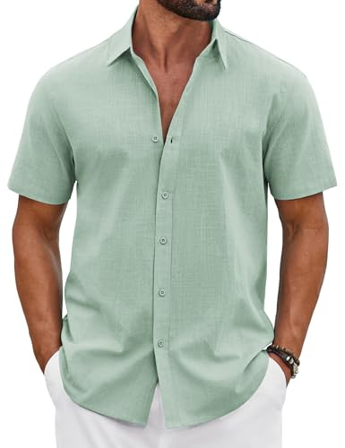 COOFANDY Camisa Hombre Manga Corta Verano Casual Regular Fit Vacaciones Sin Plancha Button Down Algodón Playa Verde Claro XL