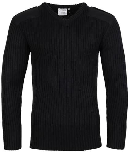 Fort - V-Neck Combat Jumper - Size Small, Black - Heavyweight Military-Style Knitted Sweater with Epaulettes, Elbow & Shoulder Patches - 100% Acrylic Workwear Pullover - Smart Work Jumpers for Men