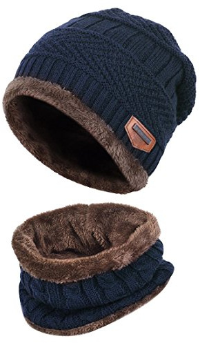 Thenice Childrens/Kids Warm Knitted Beanie Hat and Circle Scarf Set (Navy Blue)