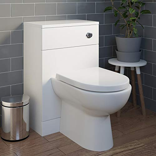 Affine® Modern Bathroom Cloakroom Back to Wall BTW Toilet WC 500mm Furniture Unit D Shape Pan Soft Close Seat, Dual Flush Cistern, White Gloss
