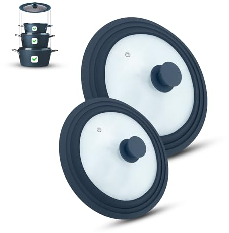 M.S.N Juego de 2 tapas universales de cristal, 2 piezas, ollas y sartenes de 16/18/20 cm y 24/26/28 cm, con válvula de escape y borde de silicona, color gris, 16/18/20-24/26/28 cm