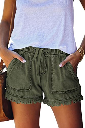 HVEPUO Linne- och bomullsshorts för damer, med elastiskt band, hotpants för sommaren, breda och korta byxor, A-armstödshållare, XS