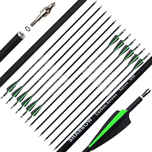 SHARROW 30 Zoll Carbonpfeile für Bogenschießen Spine 500 Carbon Pfeile Carbon Jagdpfeile mit 3 Zoll Gummifedern Pfeile für Jagdbogen Bogen Pfeil Recurvebogen Compoundbogen (Grün)