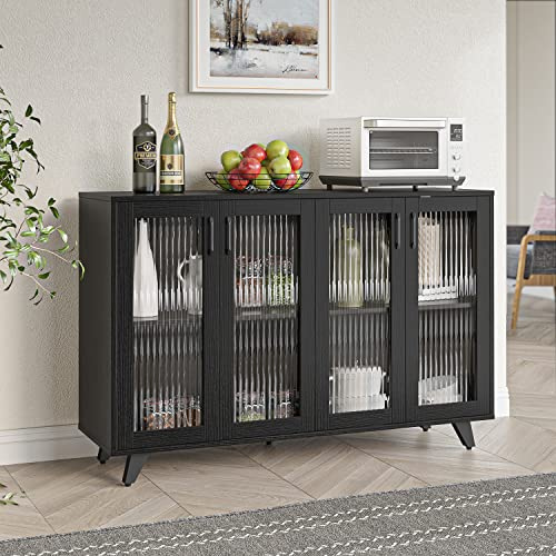 Panana Kitchen Sideboard Wood Storage Cabinet Accent Cupboard with 4 Doors and Shelf for Dining Room, Living Room, Entryway (Black, 125cm)