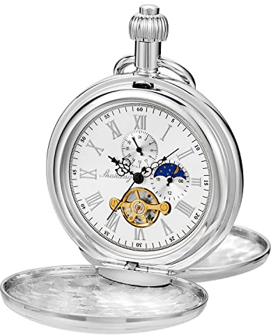 Tiong Sliver Smooth Shield Double Cover Men's Mechanical Pocket Watch, Double Cover Roman Moonlight Design Dial Chain Mechanical Pocket Watch