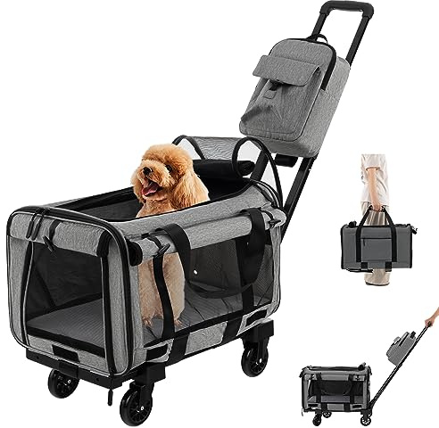 COSTWAY Transportín Plegable con Ruedas para Mascotas, Bolsa Trasportín de Viaje para Perros Gatos, Transportador con Almohadillas y Manija Telescópica para Mascotas Pequeñas Medianas