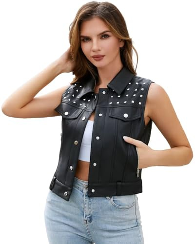 DIASHINY Women Faux Leather Vest Pu Leather Vest Rivet Biker Motorcycle Waistcoat Black XL