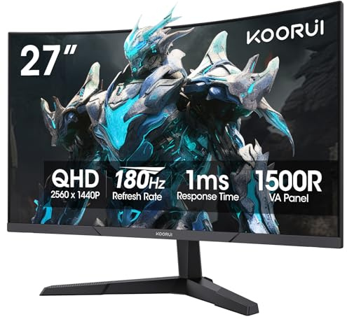 KOORUI 27 Inch Curved Gaming Monitor QHD (2560 x 1440) 180Hz, 1ms 1500R Display, Adaptive Sync, 90% DCI-P3, HDMI 2.0 & DisplayPort 1.4, VESA, Tilt, Eye Care, 27E6QCA