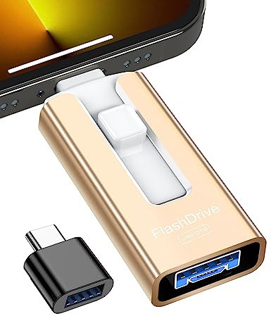 GNASEET Cle USB 256 Go, Clé USB 3.0 Transfert Grande Vitesse, 4 en 1 Clef USB Photo Stick Mémoire Externe pour iOS, Android, Pad, Type C et PC, Cle USB C Stockage Photos, Vidéos, Fichiers(Or)