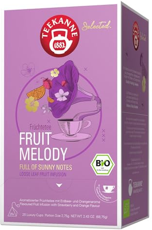 TEEKANNE Premium Pyramidenbeutel Fruit Melody Bio Luxury Cup 68,75g – Fruchtiger Bio-Früchtetee mit Erdbeer- & Orangenaroma, Sonnengereifte Früchte, Vegan, Nachhaltig, für Intensiven Genuss