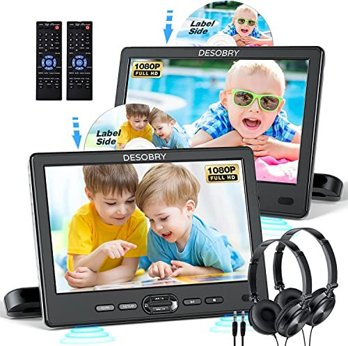 DESOBRY Auto DVD Player 10,5 Zoll 2 Monitore Kopfstütze 2 Kopfhörer HDMI Eingang AV Kabel, Kinder Fernseher Unterstützt 1080P, Auto-Bildschirm Unterstützung USB/SD, Last Memory
