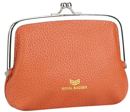 Royal Bagger RFID Genuino Cuero De Vaca Bolsos De Moneda para Las Mujeres, Bolsa De Cambio De Cerradura De Beso De Moda, Bolsa De Almacenamiento De Tarjeta De Llave De Doble Clip 1858 (Naranja)