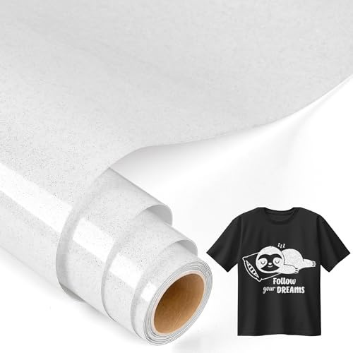 IModeur Glitter White Iron on Vinyl — 30.5 x 153 cm Heat Transfer Vinyl for Fabric, PET Backing HTV Roll for T-Shirts, Clothes, Hats, Bags and Other Textiles, Easy to Weed