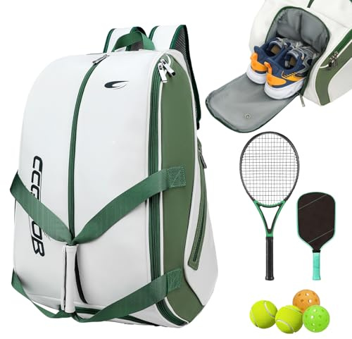 CCGTIOR Tennis Bag Holds 2 Rackets with Shoe Compartment, Fence Hook & Ball Sleeve – Large PU Pickleball Paddles Backpack for Men & Women (White)