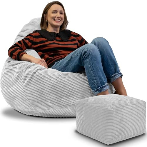 DreamRoots Sitzsack Erwachsene Cord oder Kinder - Bean Bag Sofa - Sitzsack Cord mit Hocker und Bezug - Sitzsäcke mit Füllung 90x90x100 cm Cool Gray