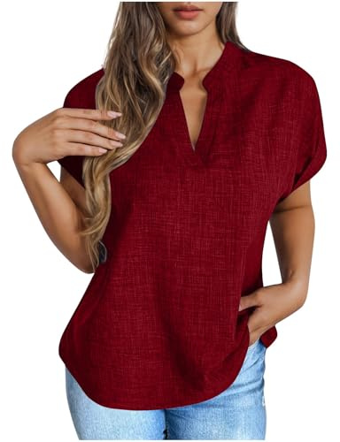 T Shirts en Coton Et Lin Manches Courtes Col en V Chemisier Écontractée De Couleur Unie Chemisie Femme Chic Et Élégant Blouses Ample Respirant Tunique Grande Taille Pas Cher Pas Cher