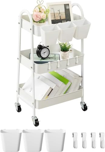 danpinera 3-Tier storage trolley, Metal storage cart with Lockable Wheels & Hanging Cups & Hooks, storage trolley on wheels for bathroom, kitchen, craft, beauty, White