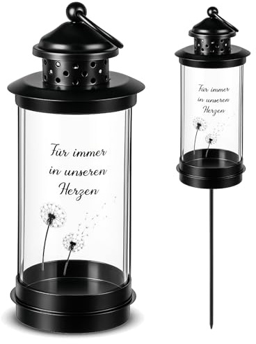 Nezyo Farol de Tumba con Estaca de Tierra Farol de Tumba de Cementerio Resistente a Intemperie con 2 Pegatinas Lámpara de Tumba Moderna para Decoración Tumbas(Löwenzahn,49,5cm)